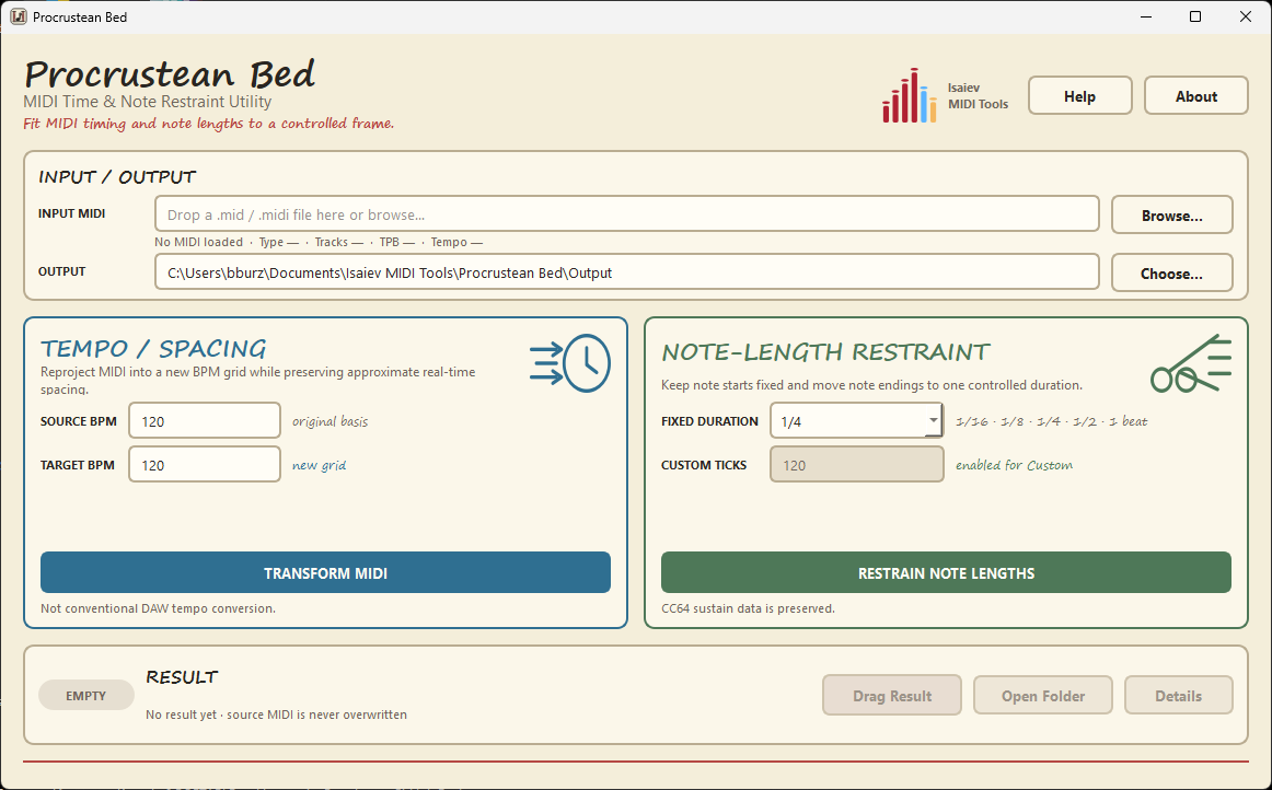 Procrustean Bed 0.1.0 Windows application showing timing and note-length transformation controls
