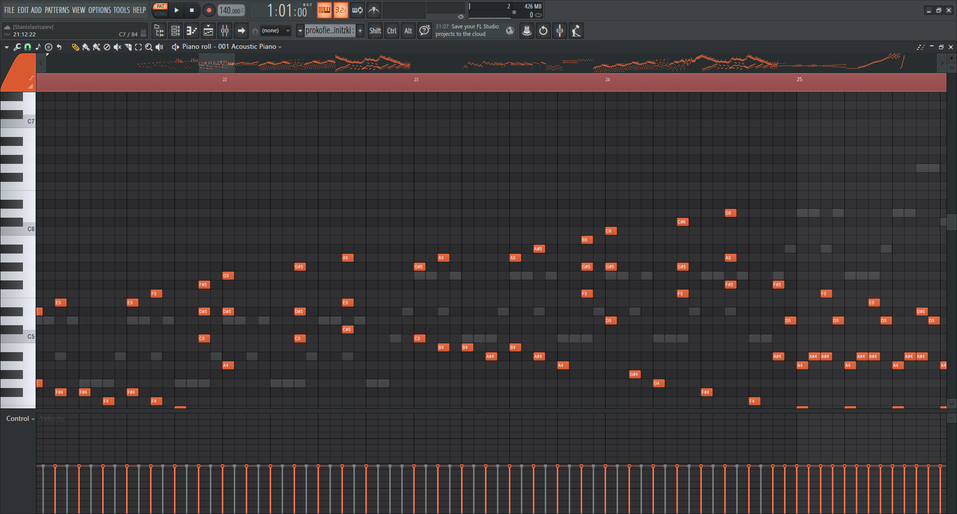 FL Studio Piano Roll showing the same MIDI after Procrustean Bed shortened excessive note tails