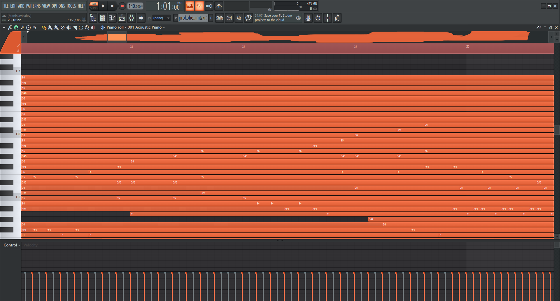 FL Studio Piano Roll showing source MIDI with extremely long overlapping note tails