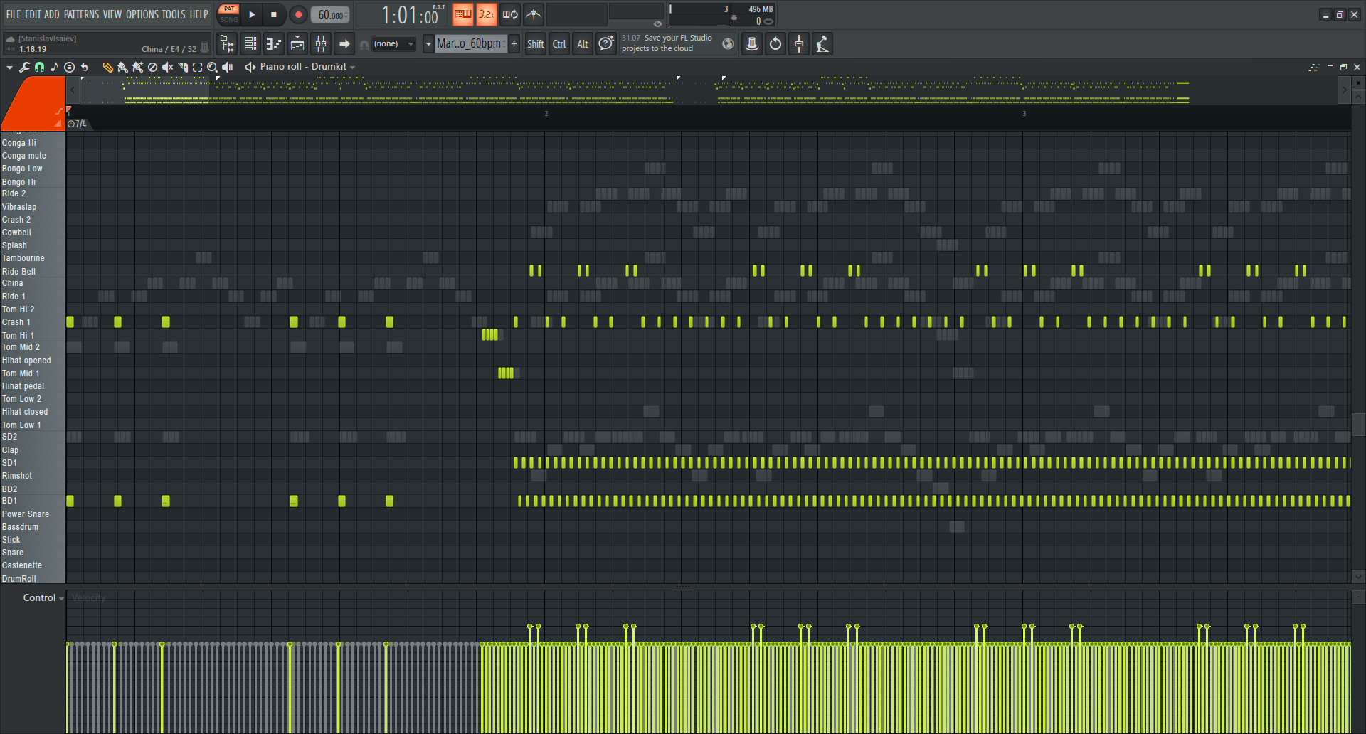 FL Studio Piano Roll showing the same MIDI after Procrustean Bed timing transformation to 60 BPM