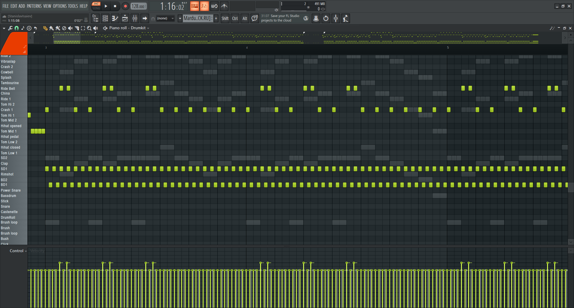 FL Studio Piano Roll showing the source MIDI before Procrustean Bed timing transformation at 128 BPM